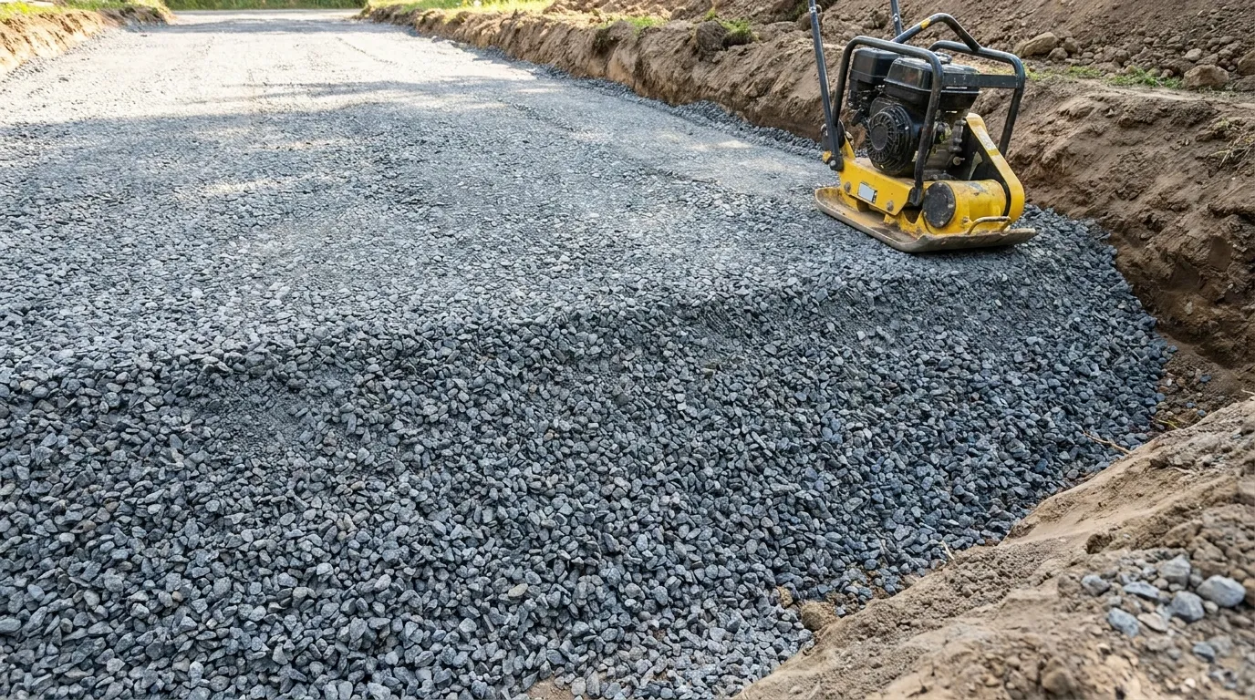 Close-up of gravel base being compacted with a plate compactor before asphalt is poured, showing depth of granular material