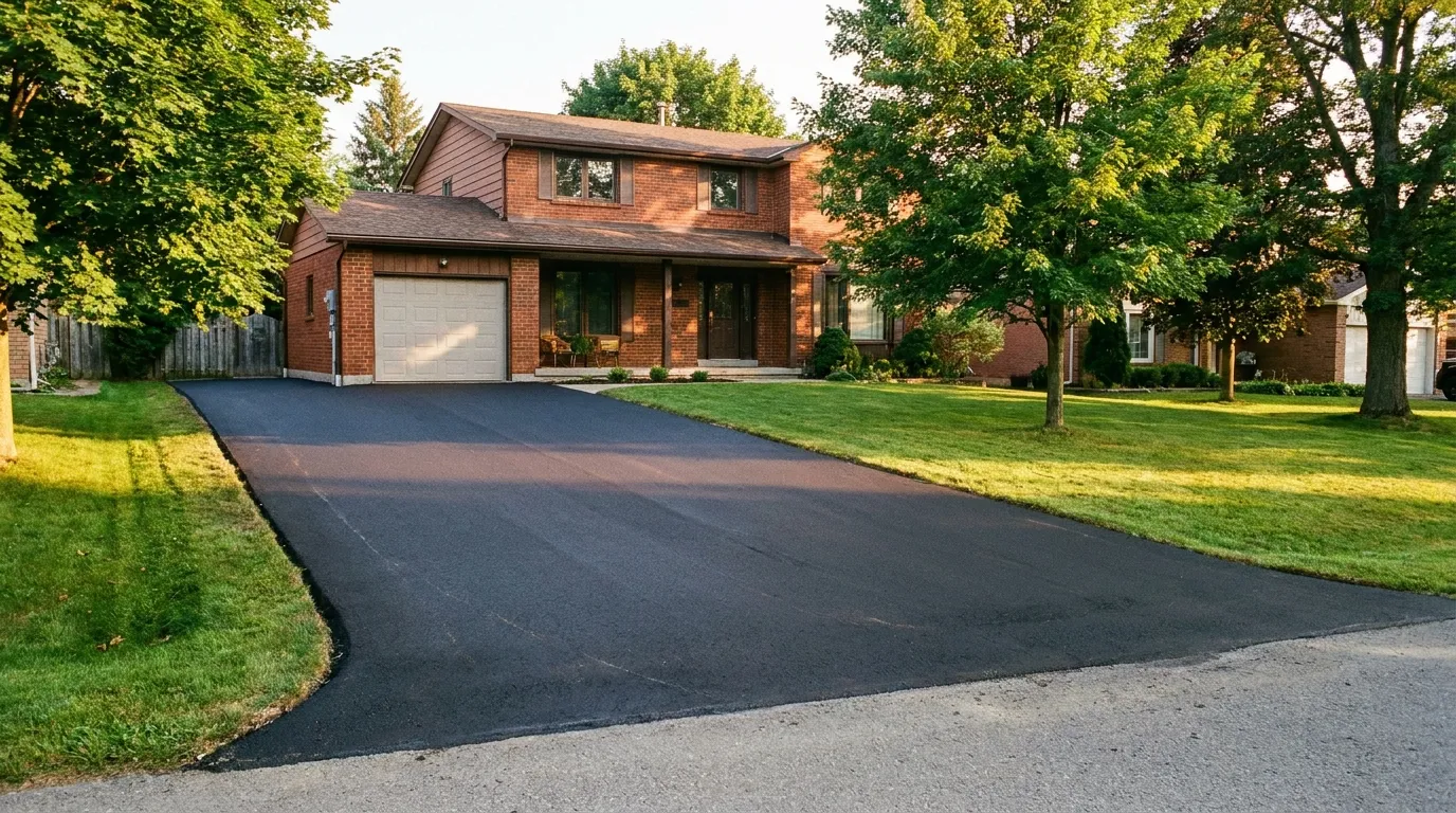 Freshly paved black asphalt driveway in front of a two-storey Ontario home surrounded by mature trees, clean edges and smooth finish