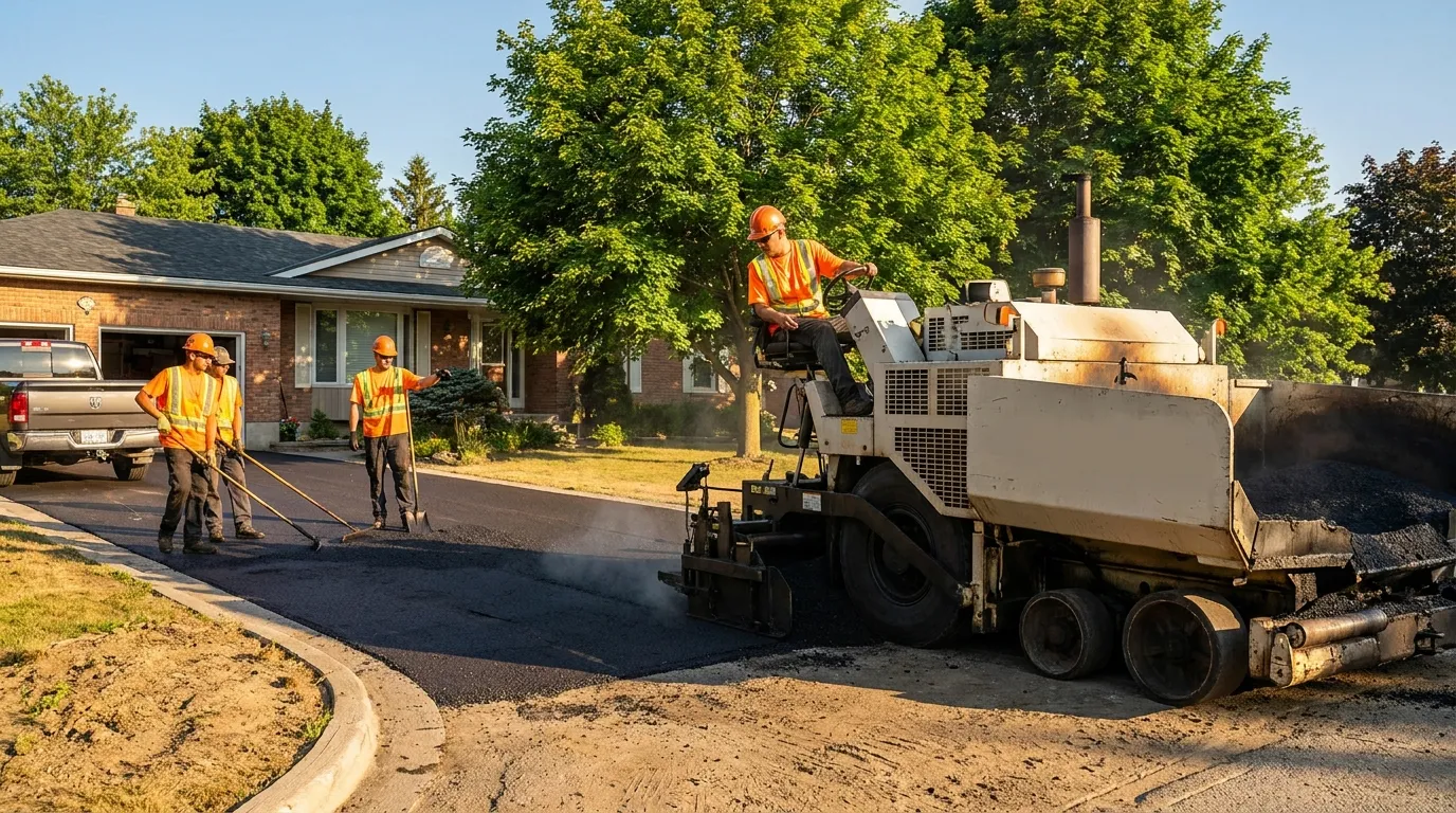 Fresh asphalt being poured and rolled on a residential driveway in Ontario, crew with paving equipment visible